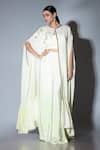 Buy_Ellemora fashions_Green Natural Crepe Embellished Bead Cape Round Floral Kaftan Palazzo Set _at_Aza_Fashions