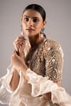 Shop_Ellemora fashions_Ivory Satin Organza Embellished Bead Round Charm Stripe Lehenga Set _at_Aza_Fashions