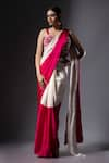 Buy_Ellemora fashions_Ivory Velvet Embellished Cascade Colourblock Pre-draped Saree With Corset Blouse _at_Aza_Fashions