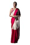 Ellemora fashions_Ivory Velvet Embellished Cascade Colourblock Pre-draped Saree With Corset Blouse _Online_at_Aza_Fashions