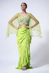 Buy_Ellemora fashions_Green Velvet Embellished Bead Shrug Open Drape Charm Floral Blouse Cape Set _at_Aza_Fashions