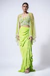 Shop_Ellemora fashions_Green Velvet Embellished Bead Shrug Open Drape Charm Floral Blouse Cape Set _Online_at_Aza_Fashions