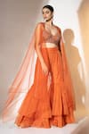 Ellemora fashions_Orange Satin Organza Embellished Bead Shrug Rustic Charm Sheer Sharara Set _at_Aza_Fashions