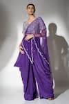 Buy_Ellemora fashions_Purple Natural Crepe Embellished Bead V-neck Regal Blouse Drape Pant Set _at_Aza_Fashions