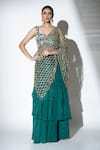 Buy_Ellemora fashions_Green Natural Crepe Glimmer Tiered Ruffle Pre-draped Saree With Blouse _at_Aza_Fashions