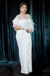 Ellemora fashions_White Upada Embellished Ostrich Feather Blouse Whimsy Skirt Set With Cape _Online_at_Aza_Fashions