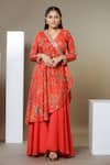 Buy_Ellemora fashions_Red Modal Satin Printed Floral V Neck Angrakha Top And Palazzo Set_at_Aza_Fashions