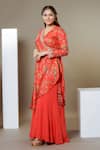 Ellemora fashions_Red Modal Satin Printed Floral V Neck Angrakha Top And Palazzo Set_at_Aza_Fashions
