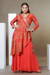 Ellemora fashions_Red Modal Satin Printed Floral V Neck Angrakha Top And Palazzo Set_Online