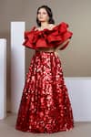 Buy_Ellemora fashions_Red Nylon Organza Embellished Sequins Square Neck Lehenga With Ruffled Blouse_Online_at_Aza_Fashions