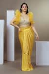 Buy_Ellemora fashions_Yellow Satin Embellished Stones Blunt V Neck Sunshine Blouse And Skirt Set _at_Aza_Fashions