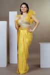 Buy_Ellemora fashions_Yellow Satin Embellished Stones Blunt V Neck Sunshine Blouse And Skirt Set _Online_at_Aza_Fashions