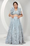 Buy_Ellemora fashions_Blue Upada Embroidered Floral V Neck Lehenga With Frilled Blouse _at_Aza_Fashions