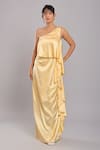 Ellemora fashions_Yellow Satin Plain Asymmetric Ruffle Layered Dress _Online_at_Aza_Fashions