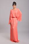 Buy_Ellemora fashions_Coral Dull Crepe Plain Boat Neck Layered Cape And Draped Skirt Set _at_Aza_Fashions