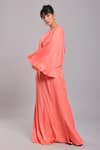 Shop_Ellemora fashions_Coral Dull Crepe Plain Boat Neck Layered Cape And Draped Skirt Set _at_Aza_Fashions