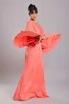 Shop_Ellemora fashions_Coral Dull Crepe Plain Boat Neck Layered Cape And Draped Skirt Set _Online_at_Aza_Fashions