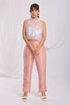 Buy_Ellemora fashions_Peach Glass Tissue Embroidery Thread Round High Neck Floral Top Pant Set _at_Aza_Fashions