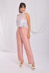 Buy_Ellemora fashions_Peach Glass Tissue Embroidery Thread Round High Neck Floral Top Pant Set _Online_at_Aza_Fashions