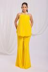 Buy_Ellemora fashions_Yellow Natural Crepe Embroidery Pearl Halter Neck Top And Palazzo Set _at_Aza_Fashions