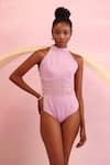 Buy_Orthodox_Pink Banana Crepe Aari Halter Blossom Neck Bodysuit _at_Aza_Fashions