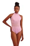 Orthodox_Pink Banana Crepe Aari Halter Blossom Neck Bodysuit _Online_at_Aza_Fashions