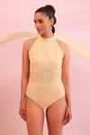 Buy_Orthodox_Yellow Banana Crepe Aari Halter Blossom Mesh Neck Bodysuit _at_Aza_Fashions