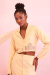 Buy_Orthodox_Yellow Banana Crepe Applique Notched Lapel Mesh Hem Crop Blazer _at_Aza_Fashions