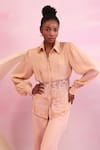 Buy_Orthodox_Peach Satin Aari Collared Luminous Canopy Mesh Hem Shirt _at_Aza_Fashions