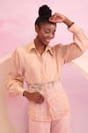 Orthodox_Peach Satin Aari Collared Luminous Canopy Mesh Hem Shirt _at_Aza_Fashions