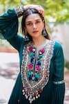 Karishma Khanduja Bareilly_Green Georgette Embroidery Thread Notched Geometric Anarkali And Flared Pant Set_Online