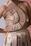 Buy_JYOTI SACHDEV IYER_Gold Organza Tissue Printed New York Asymmetric Pleat Detailed Corset Top _Online_at_Aza_Fashions