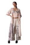 JYOTI SACHDEV IYER_Beige Linen Satin Printed London Placement Trouser _Online_at_Aza_Fashions