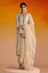 Buy_OHH CROW_Beige Crepe Hand Embroidered Gota Notched Kurta Pant Set _at_Aza_Fashions