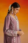 OHH CROW_Purple Upada Silk Hand Embroidered Gota Notched Flower Motif Kurta Pant Set _at_Aza_Fashions