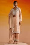 Buy_OHH CROW_Peach Upada Silk Hand Embroidered Gota Notched Floral Motif Kurta Pant Set _at_Aza_Fashions