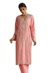 OHH CROW_Pink Raw Silk Hand Embroidered Sequins V-neck Kurta Pant Set _at_Aza_Fashions