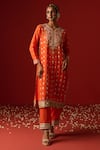 Buy_OHH CROW_Orange Crepe Hand Embroidered Sequins V-neck Kurta Pant Set _Online_at_Aza_Fashions