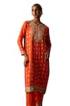 OHH CROW_Orange Crepe Hand Embroidered Sequins V-neck Kurta Pant Set _at_Aza_Fashions