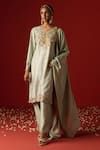 Buy_OHH CROW_Green Raw Silk Hand Embroidered Sequins Scoop And Zari Kurta Pant Set _at_Aza_Fashions