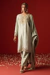 Shop_OHH CROW_Green Raw Silk Hand Embroidered Sequins Scoop And Zari Kurta Pant Set _Online_at_Aza_Fashions