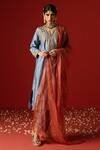 Buy_OHH CROW_Blue Raw Silk Hand Embroidered Sequins Notched And Zari Kurta Set _at_Aza_Fashions