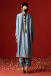 Shop_OHH CROW_Blue Raw Silk Hand Embroidered Sequins Notched And Zari Kurta Set _at_Aza_Fashions