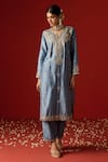 Buy_OHH CROW_Blue Raw Silk Hand Embroidered Sequins Notched And Zari Kurta Set _Online_at_Aza_Fashions