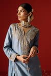 Buy_OHH CROW_Blue Raw Silk Hand Embroidered Sequins Notched And Zari Kurta Set 