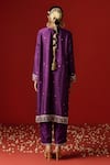 Shop_OHH CROW_Purple Raw Silk Hand Embroidered Sequins Notched Zari And Kurta Set _at_Aza_Fashions