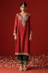 OHH CROW_Maroon Chanderi Hand Embroidered Sequins Notched Zari Kurta Pant Set _at_Aza_Fashions