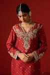 Shop_OHH CROW_Maroon Chanderi Hand Embroidered Sequins Notched Zari Kurta Pant Set _at_Aza_Fashions