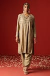 OHH CROW_Beige Raw Silk Hand Embroidered Sequins Notched Zari Kurta Set _Online_at_Aza_Fashions