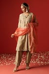 Buy_OHH CROW_Beige Raw Silk Hand Embroidered Sequins Notched Zari Kurta Set 